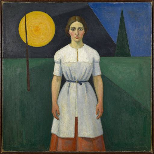 Expressionist painting of a woman in white dress, brown hair, standing before a large yellow moon and dark, geometric background.