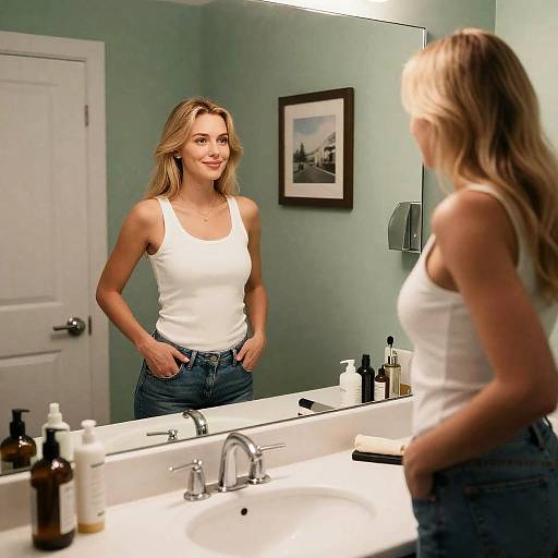 Blonde Woman in Bathroom Reflection