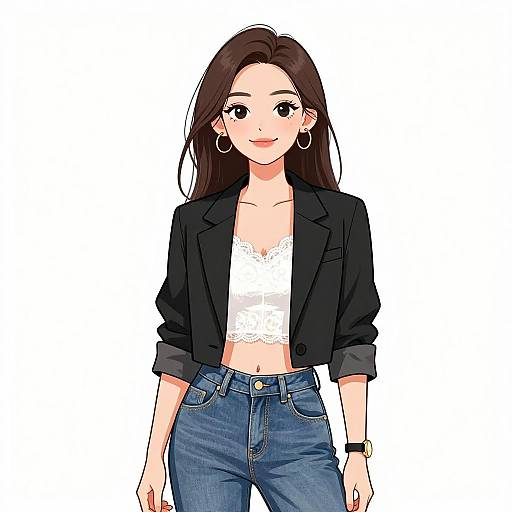 Digital anime-style drawing of a smiling woman with long brown hair, wearing a black jacket, white lace top, and blue jeans.