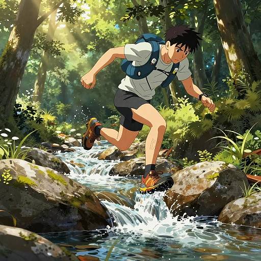 Anime-style drawing of a young man with black hair, white shirt, blue backpack, and black shorts, jumping over a rocky stream in a sunlit