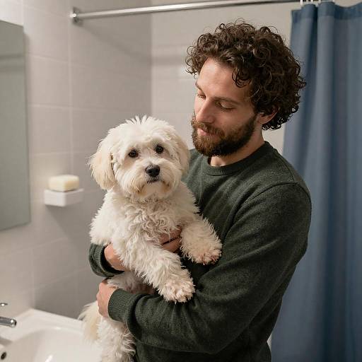 Cozy Bathroom Moment with Man and Dog