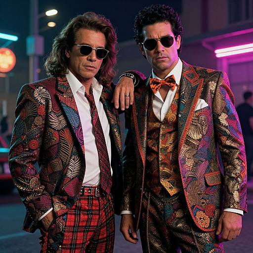 Photograph of two men in vibrant, patterned 1970s suits, with sunglasses, white shirts, and bow ties, standing on a neon