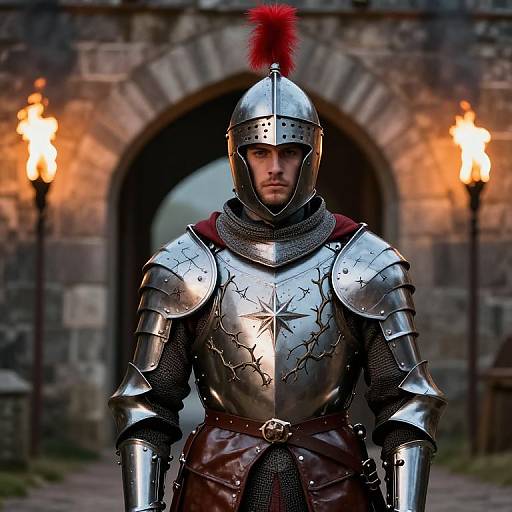 Photograph of a stern, armored knight with a red plume, standing in front of a stone archway with torches, in medieval-style armor