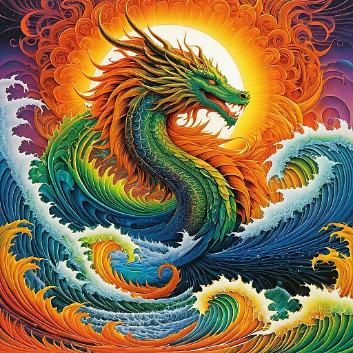 Psychedelic Dragon Under Rainbow Waves Psychedelic Dragon Under Rainbow Waves