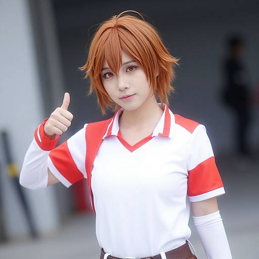 Photograph of a young Asian male cosplayer with short, auburn hair, wearing a white and red sports shirt, giving a thumbs-up,