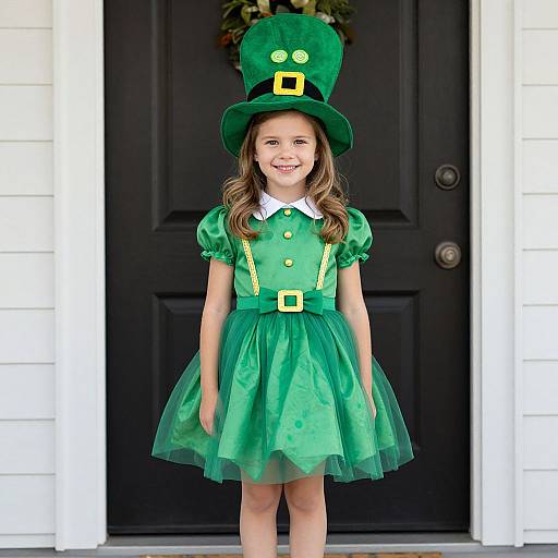 Photograph of a smiling young girl in a green Leprechaun outfit with a tall hat, green dress, and yellow buckle, standing in front