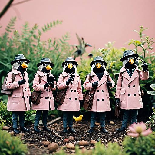 Curious Bird Detectives in Pink Trench Coats
