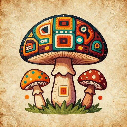 Colorful, digital illustration of three mushrooms with vibrant, geometric patterns on caps, set in grass, on a textured, beige background.