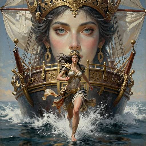 Digital artwork of a fierce, dark-haired woman in gold armor and crown, running on a ship's bow, with a giant, serene face in the