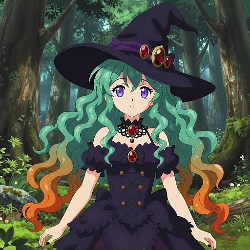 Anime-style drawing of a green-haired witch with gradient orange tips, purple eyes, wearing a black dress and hat, adorned with gems, in a lush