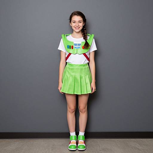 Photograph of a smiling young woman with fair skin, brown hair in a braid, wearing a white T-shirt, green pleated skirt, green
