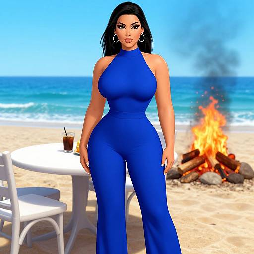 Digital art of a curvy woman with long black hair in a blue halter jumpsuit, standing by a beach bonfire, with white chairs and