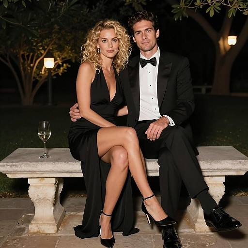 Elegant Couple Sitting on Stone Bench at Night