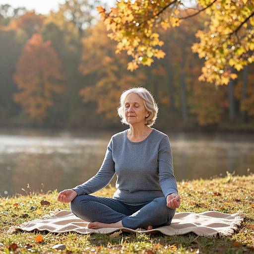 Photograph of an elderly white woman with short gray hair, meditating in lotus position on a beige mat by a sunlit lake, surrounded by