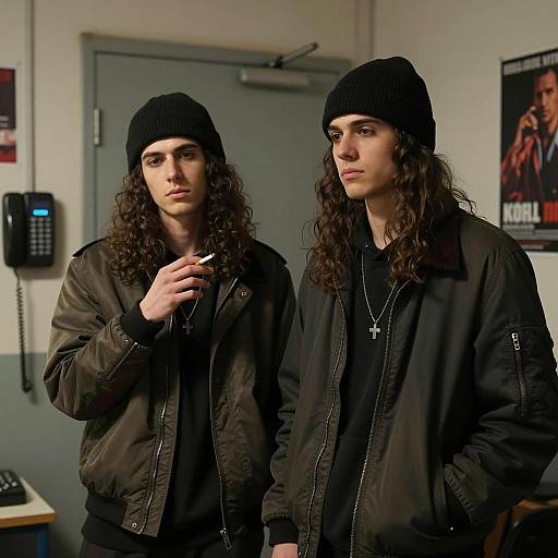 Curly Haired Duo in Dim Room