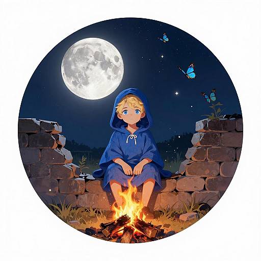Digital illustration of a blonde boy in a blue hooded robe sitting by a campfire under a full moon, with butterflies flying in the night sky,