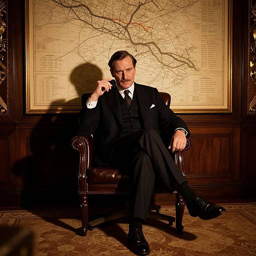 Photograph of a serious man in a black suit and tie, sitting on an ornate leather chair, smoking, with a large map behind him in