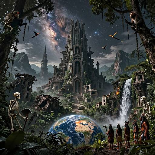 Fantasy digital painting: Gothic castle with skeletal figures, lush jungle, Earth at foreground, waterfall, mountains, birds, and starry sky.