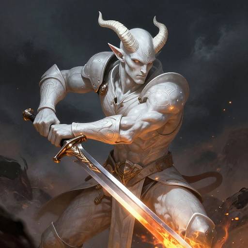 Digital illustration of a muscular, silver-skinned demon warrior with horns, wielding a glowing sword, in dark, stormy sky background.