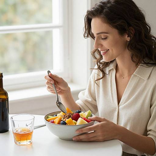 Photograph of a smiling brunette woman in a cream robe, eating a colorful fruit salad with a spoon, by a sunlit window.