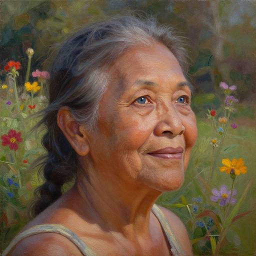 Digital painting of an elderly Asian woman with gray hair, smiling, wearing a gray tank top, surrounded by vibrant wildflowers in a sunny meadow.