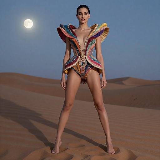 Photograph of a tall, slender woman with dark hair in a colorful, ruffled, high-collared desert outfit standing barefoot in a sun