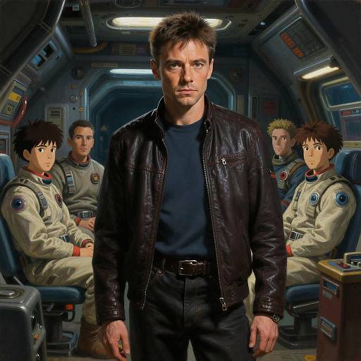 Digital art: Serious man in black leather jacket stands in spaceship cockpit, flanked by anime-style astronauts in beige space suits.