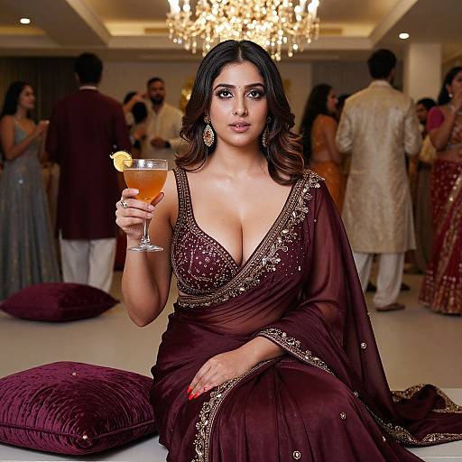 Photograph of a curvy South Asian woman with dark hair, wearing a deep burgundy, gold-embellished saree, holding a cocktail