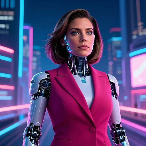 Cyborg woman with short brown hair, red blazer, and robotic arms stands confidently in a neon-lit futuristic cityscape. CGI image.
