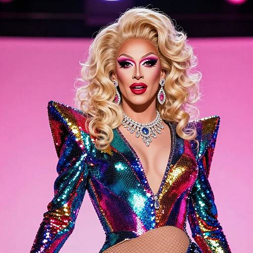 Photograph of a glamorous blonde woman with voluminous curls, wearing a glittery, rainbow-colored V-neck jacket, bold red lipstick, and an orn