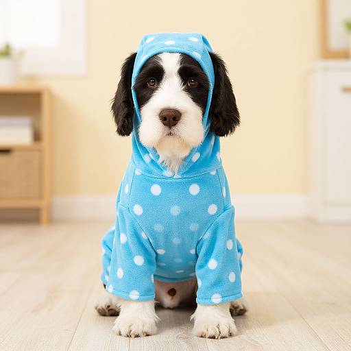 Photograph of a black and white puppy wearing a blue polka-dotted hoodie, sitting on a wooden floor in a bright, blurred living room.