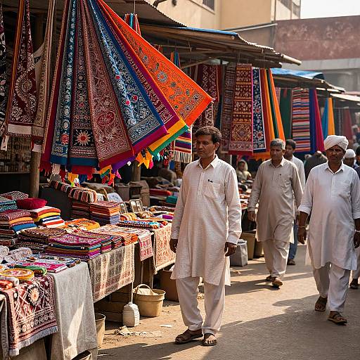 Photograph of a bustling outdoor market with three men in white traditional attire, colorful patterned textiles hanging, and vibrant fabrics displayed on tables.