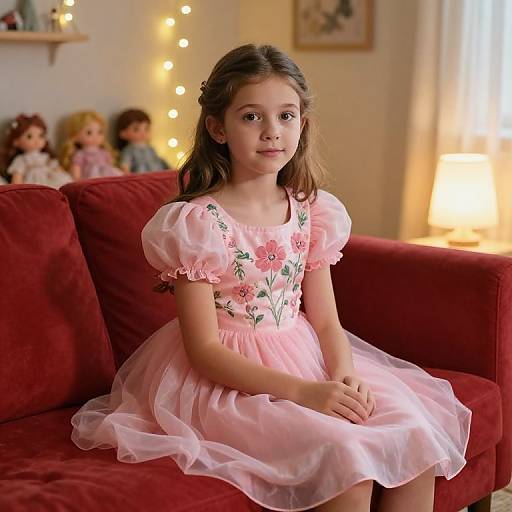 Photograph of a young girl with light brown hair, wearing a pink floral dress, sitting on a red couch in a warmly lit living room.
