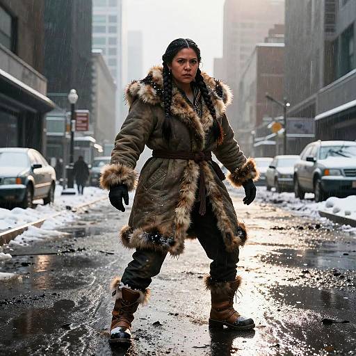 Photograph of a determined woman in a fur-trimmed, brown winter coat standing in a snowy, rain-soaked urban street, surrounded by parked