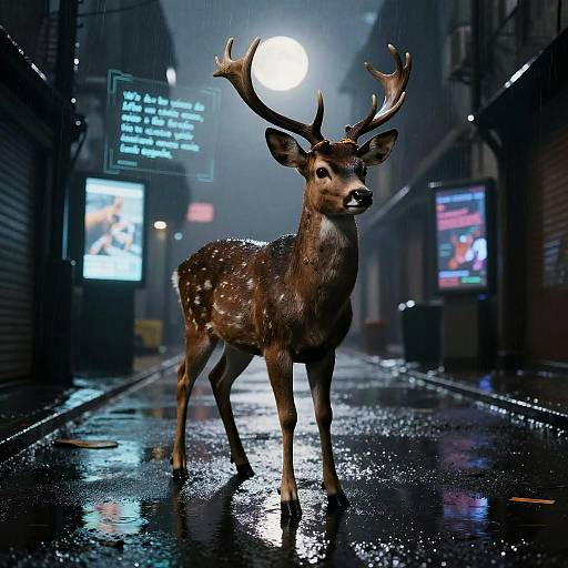 CGI image of a majestic deer with large antlers standing in a neon-lit, rain-soaked urban alley at night.