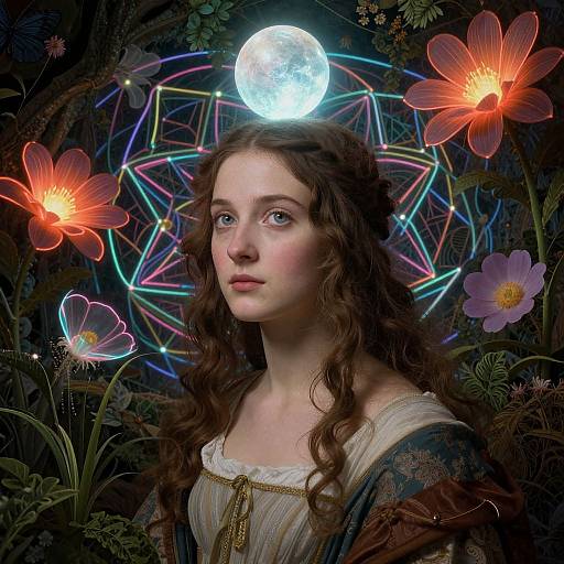 Digital artwork: Young woman with curly brown hair, fair skin, blue eyes, wearing a medieval-style dress, surrounded by glowing flowers and neon geometric patterns