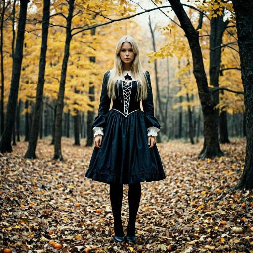 Woman in Black Dress in Autumn Forest