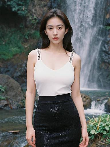 Photograph of an East Asian woman with straight black hair, wearing a white sleeveless top and black high-waisted skirt, standing in front of