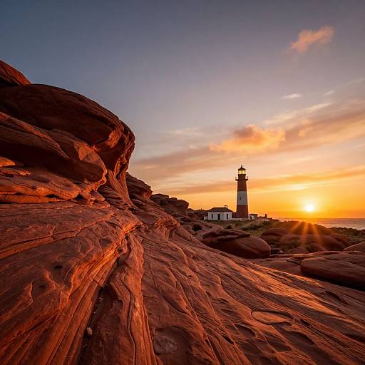 Photograph of a sunlit, rocky coastal landscape with a tall, white lighthouse in the background, casting dramatic orange and red shadows.