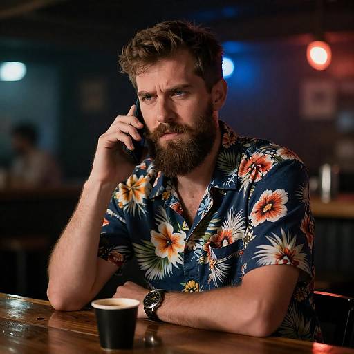 Bearded Man on Phone at Bar