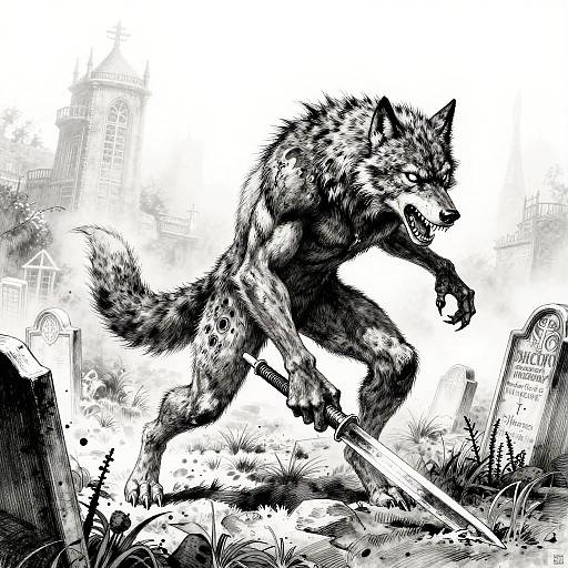 Vicious Werewolf in Foggy Graveyard