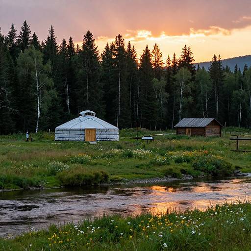 Photograph of a serene sunset over a forested landscape, featuring a white yurt, small wooden shed, and a reflective river with wildflowers in the