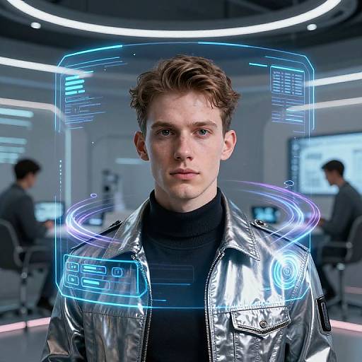 Photorealistic CGI of a young, white man with brown hair, wearing a shiny silver jacket and black turtleneck, centered in a futuristic,