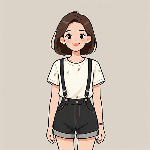 Digital anime-style drawing of a cute young woman with short brown hair, wearing a white t-shirt, black high-waisted shorts, and suspenders