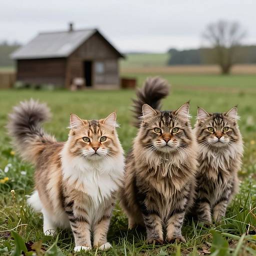 Photograph of three fluffy, long-haired tabby cats standing in a grassy field with a wooden barn in the blurred background.