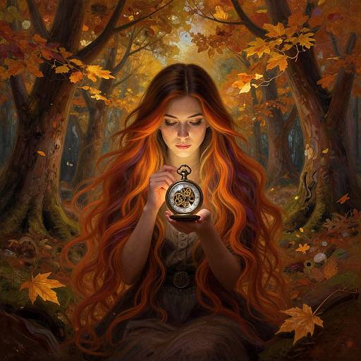 Digital fantasy artwork of a young woman with long, wavy orange and red hair, holding a glowing, ornate pocket watch in an autumn forest.