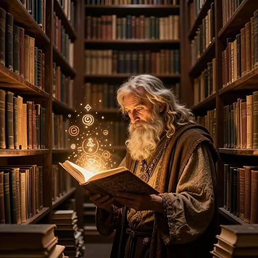 Ancient Scholar in Mystical Library