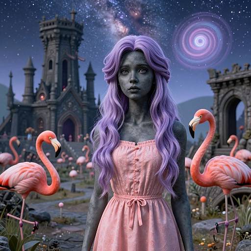 Digital artwork of a ghostly, green-skinned woman with lavender hair, pink dress, flanked by pink flamingos, under a starry night