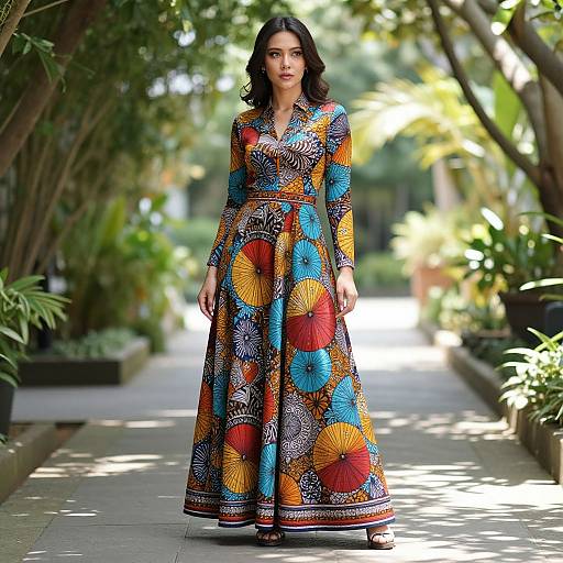 Photograph of a young woman with dark wavy hair, wearing a colorful, long-sleeved, full skirt dress with vibrant floral patterns, standing