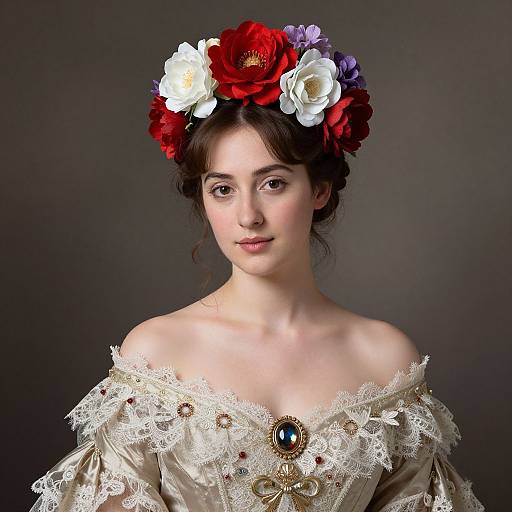 Photograph of a fair-skinned woman with dark hair, wearing a lace off-shoulder gown, adorned with a vibrant floral headpiece, and